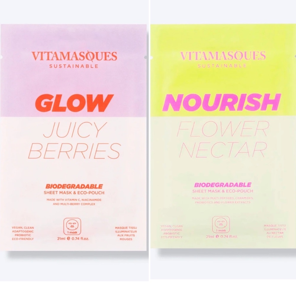 🟢 VITAMASQUES Two Biodegradable Masks Glow and Nourish NWT